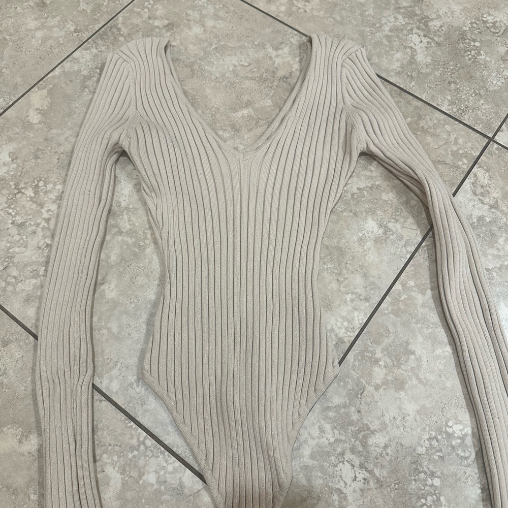 Chic Cream Ribbed Bodysuit - Picture 3 of 9